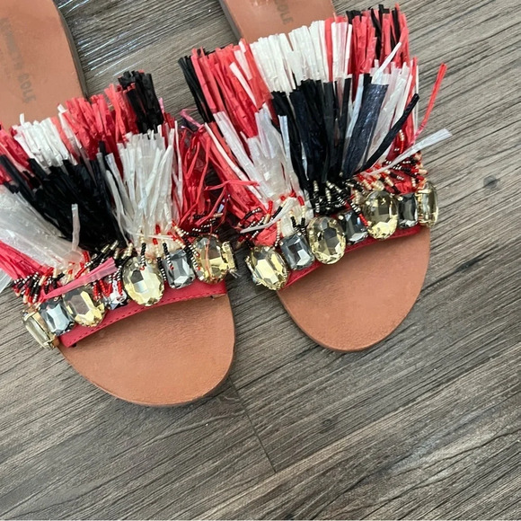 KENNETH Cole Heron Embellished Fringe Beaded Slide Sandals 9 - Picture 3 of 6